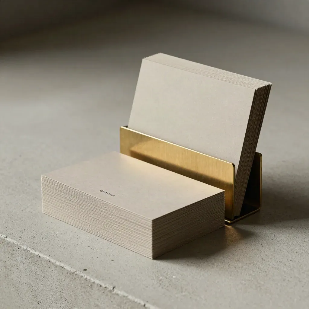 Sign-in pack cards, holder and tray insert tilted on pale concrete with a brass accent.