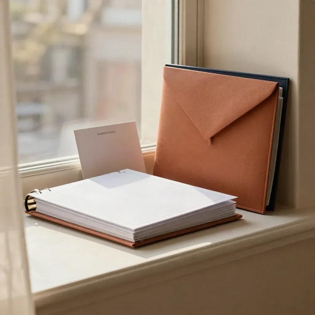 Slim CRM planner binder set by a pale window ledge with tabs and envelope sleeve.