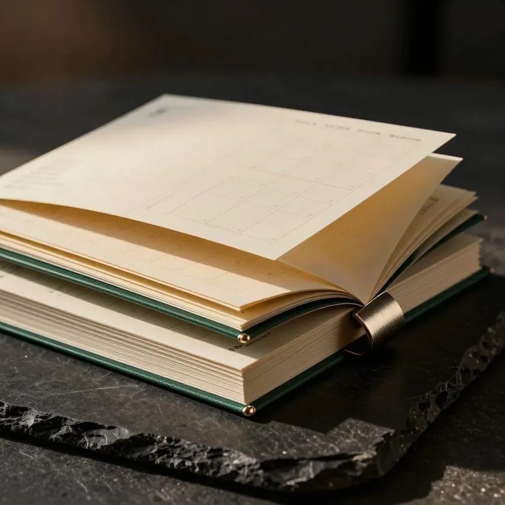 Unbranded planner bundle bursting open with green accents on a dark studio slab.