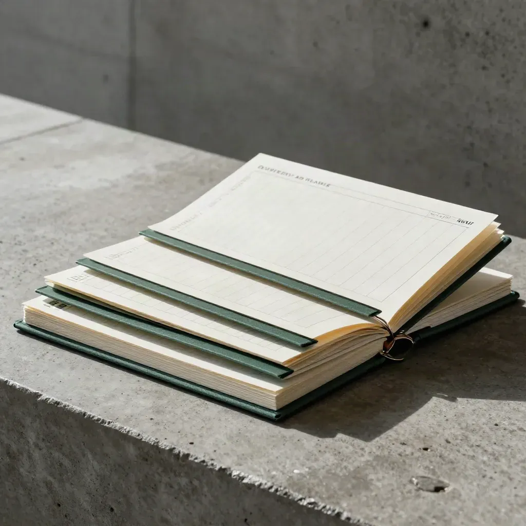Four-section planner deck with green tabs on a concrete plinth in dramatic studio light