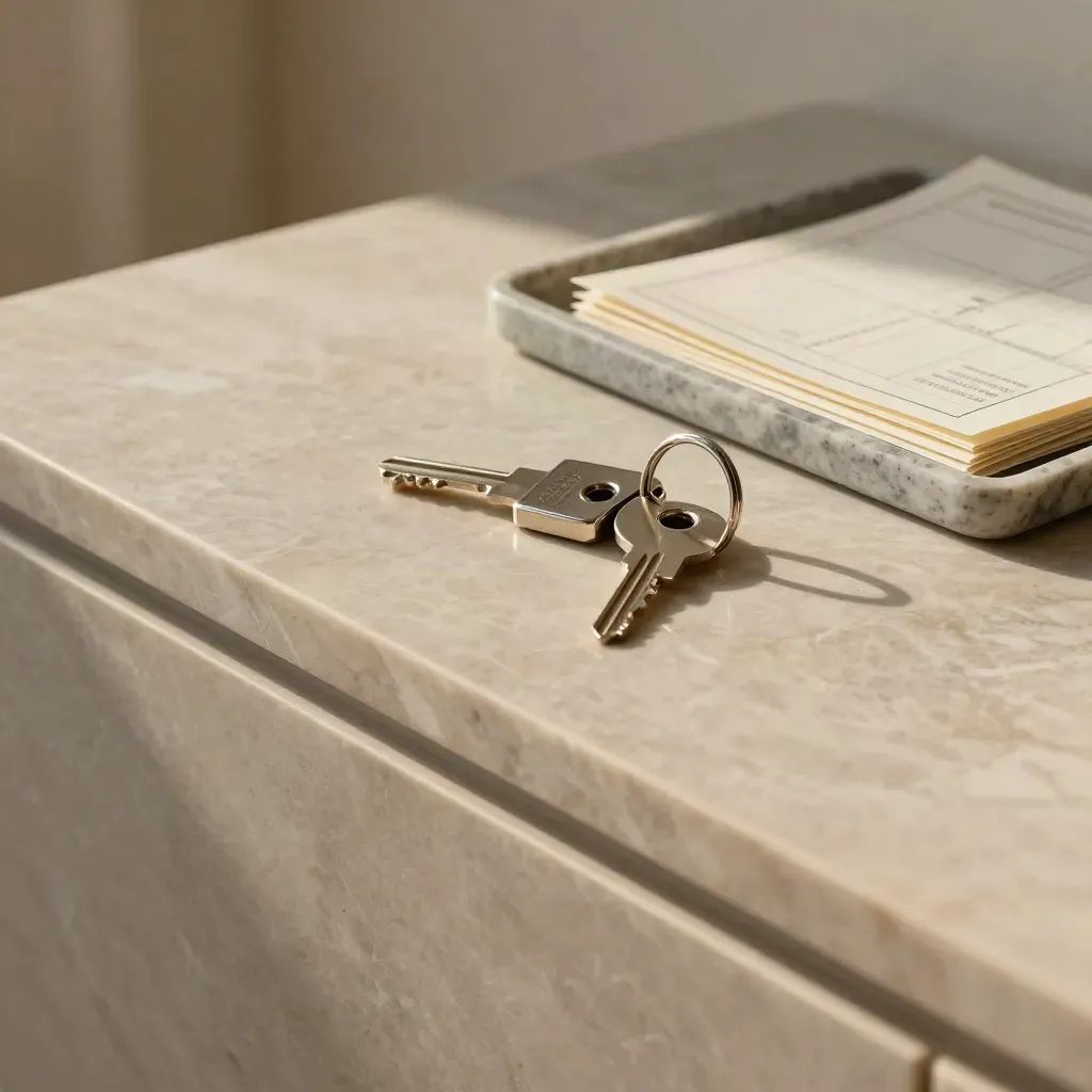 Pale marble realtor planning surface with keys, paper and tray in soft upper-right light